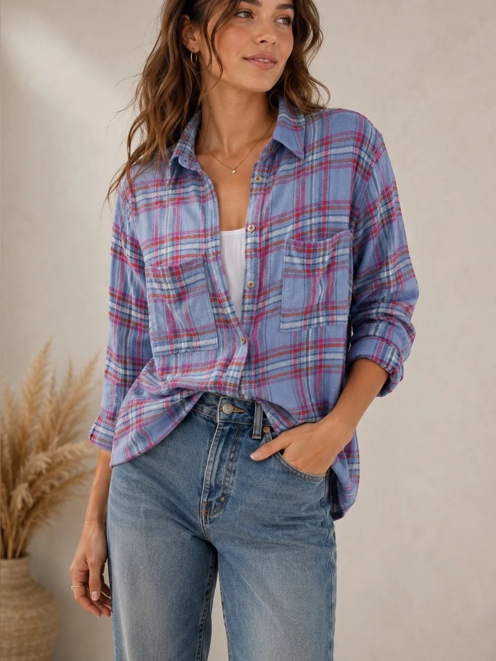 Pilcro Anthropologie Plaid Textured Button Front Shirt Blue Pink Wool Blend L
